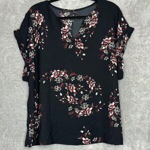 Shein 2X Shirt Top Black Red Floral Flower Cap Short Sleeve Split Round Neck